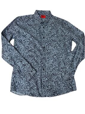 Hugo Boss Extra Slim Fit Dress Shirt Blue Floral Button Up Long Sleeve Work Sz L